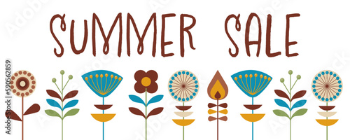 Sommerschlussverkauf, Banner mit Blumen im Retro-Stil.
