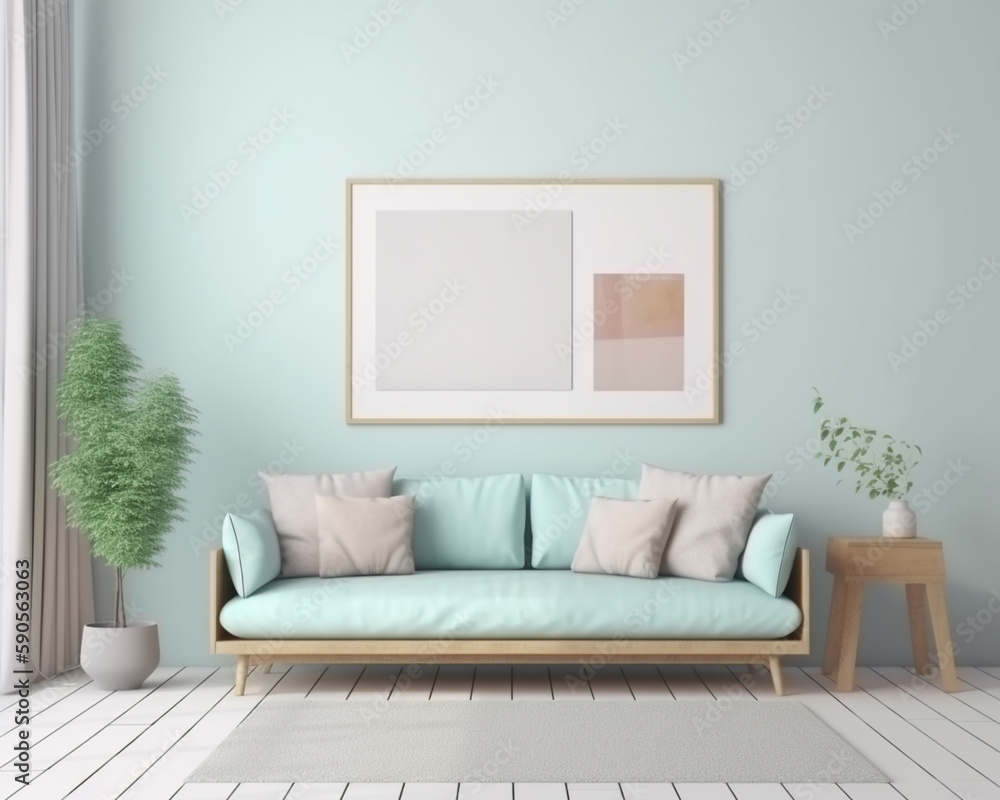 Morden living room interior with sofa, a cabinet, a pot of plant, a large picture frame and a parquet floor with pastel color background wall with generative AI technology Morden living room interior with sofa, a cabinet, a pot of plant, a large picture frame and a parquet floor with pastel color background wall with generative AI technology
