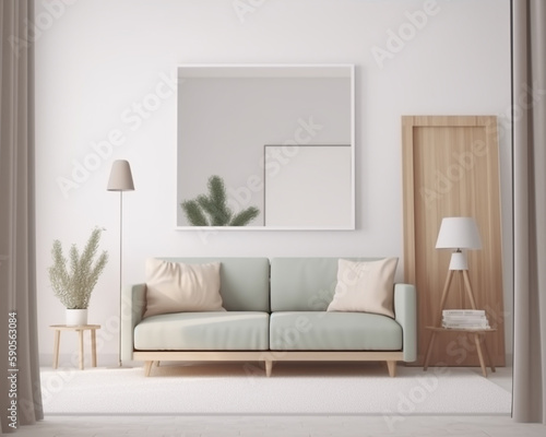 Morden living room interior with sofa and a pillow, a coffee table, a lamp table , a stand lamp, a pot of plant and a large mirror frame with pastel grey color background with generative AI technology © anis