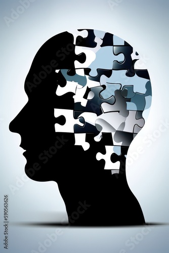 Mental health, psychotherapy, strategy, logical brain and memory creative abstract concept. Human Head silhouette with jigsaw puzzle pieces. Mindfulness, thinking, self care idea. 