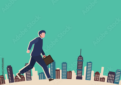 街を往く男性会社員　都市背景　ビジネス　人物フラットイラスト