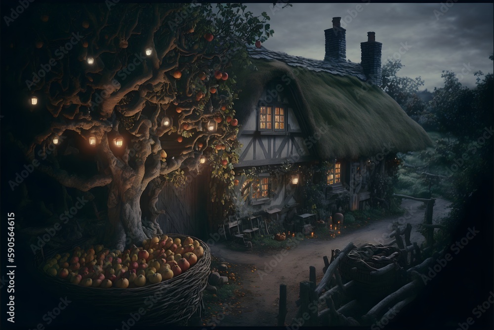 idyllic farmstead where villagers are gathering apples from apple trees