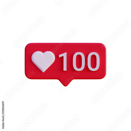 Social media 100 like love icon notification 3d render isolated front view PNG transparent