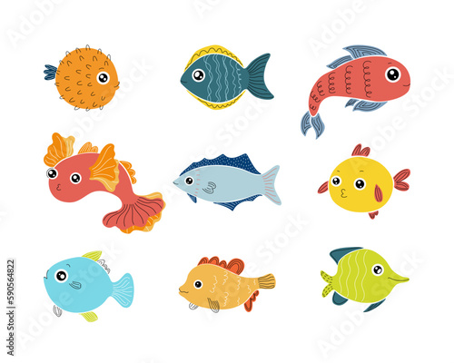 Collection of vector hand drawn cute fishes in flat style. Fishes body vector icons big set. Vector illustration for icon, logo, print, icon, card, emblem, label. Aquarium.