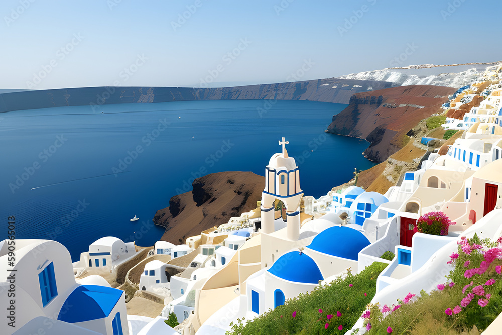 View to the sea from Oia the most beautiful village of Santorini island in Greece