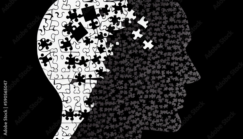 Mental health, psychotherapy, strategy, logical brain and memory creative abstract concept. Human Head silhouette with jigsaw puzzle pieces. Mindfulness, thinking, self care idea. 
