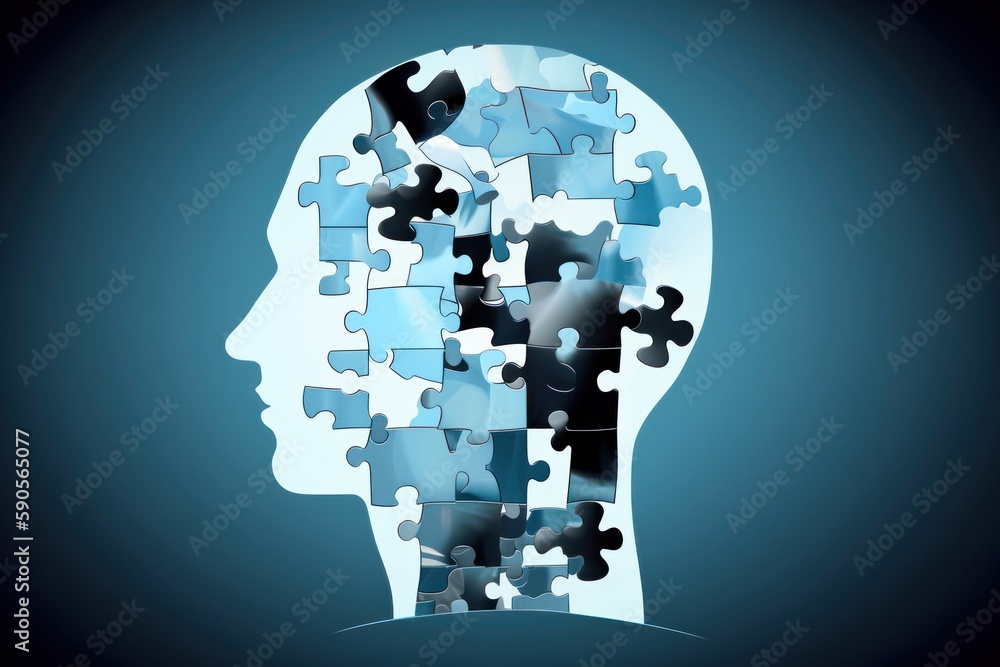 Mental health, psychotherapy, strategy, logical brain and memory creative abstract concept. Human Head silhouette with jigsaw puzzle pieces. Mindfulness, thinking, self care idea. Mental health, psychotherapy, strategy, logical brain and memory creative abstract concept. Human Head silhouette with jigsaw puzzle pieces. Mindfulness, thinking, self care idea.