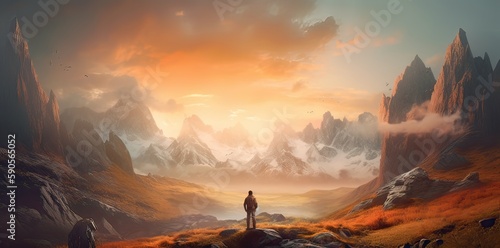 Sporty man on the mountain peak looking on mountain valley with sunbeams at colorful sunset in autumn. Landscape traveler, foggy hills, forest in fall, amazing sky and sunlight in fall. Generative Ai