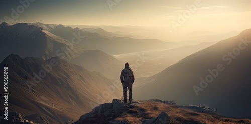 Sporty man on the mountain peak looking on mountain valley with sunbeams at colorful sunset in autumn. Landscape traveler, foggy hills, forest in fall, amazing sky and sunlight in fall. Generative Ai