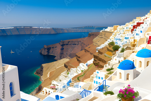 View of traditional white houses over the Caldera in Oia town on Santorini island