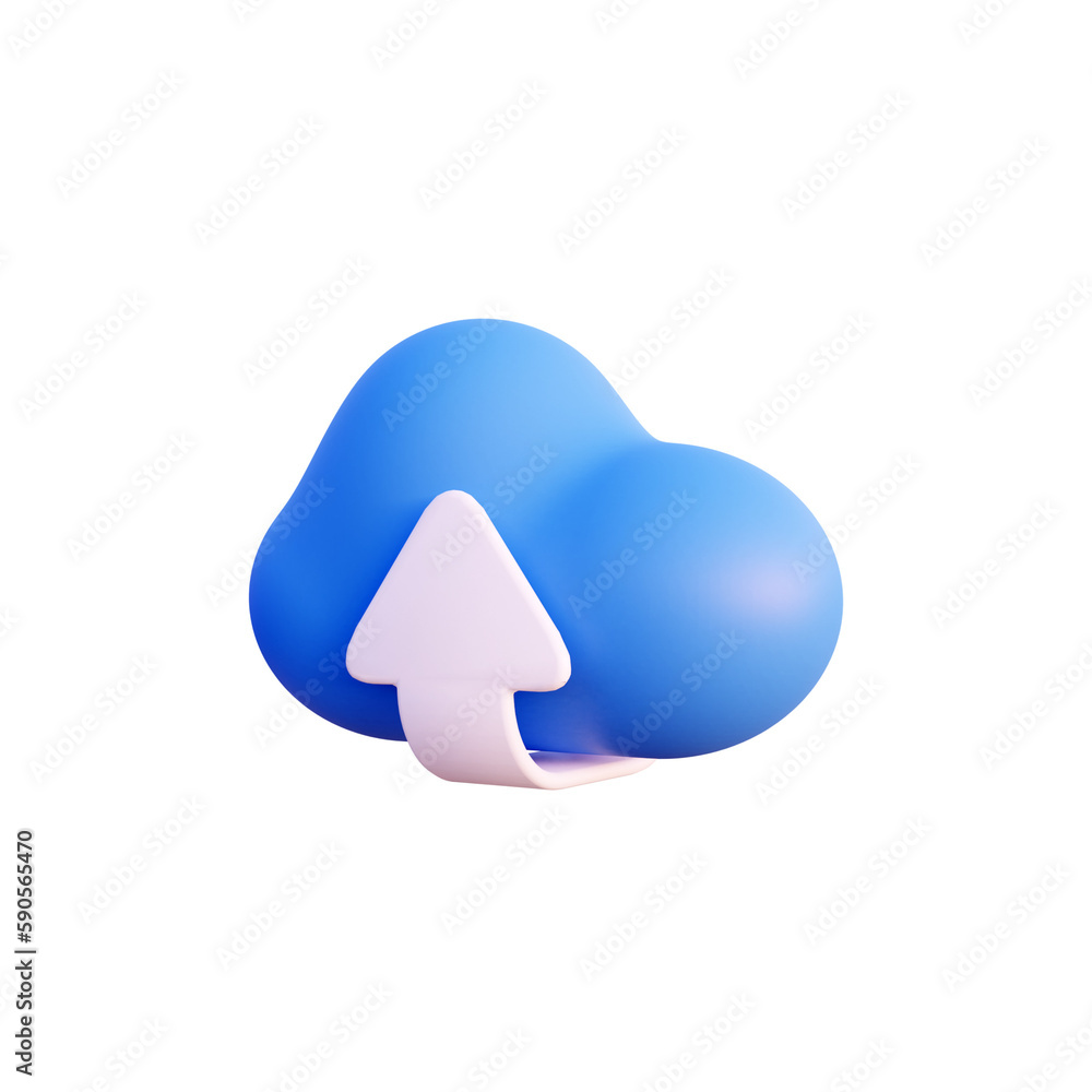 Cloud storage upload blue icon 3d render isolated side view PNG transparent