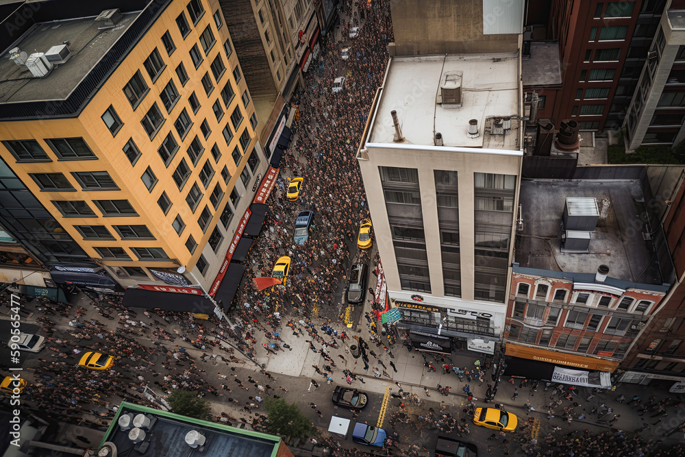 The drone soars high above the crowd, capturing a bird's eye view of ...