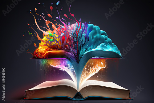  Open book with color splash. beautiful background bokeh. Generative AI.