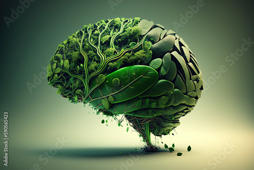 Ecology concept. a brain composed of green moss: in the background a green deciduous forestconcept ecology. Generative AI. photo