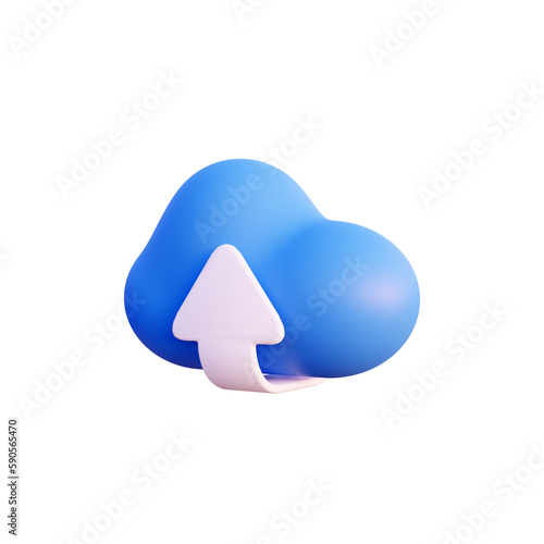 Cloud storage upload blue icon 3d render isolated side view PNG transparent
