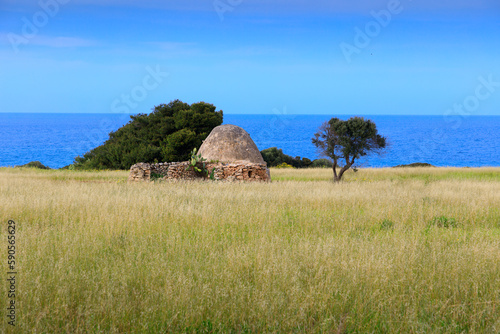  Typical trullo on the coast in Apulia, Italy. Costa of Trulli Ripagnola near Polignano.