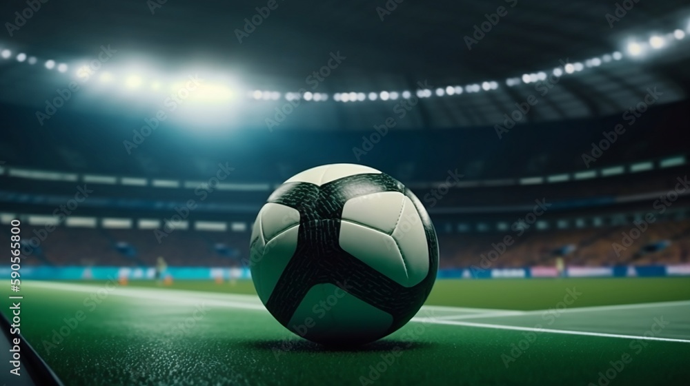 Naklejka premium Soccer ball in the center of the stadium with the arena in the background, the start of the match. Generative Ai
