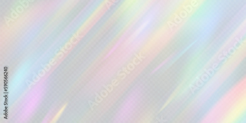 Rainbow light prism effect, transparent background. Hologram reflection, crystal flare leak shadow overlay. Vector illustration of abstract blurred iridescent light backdrop.