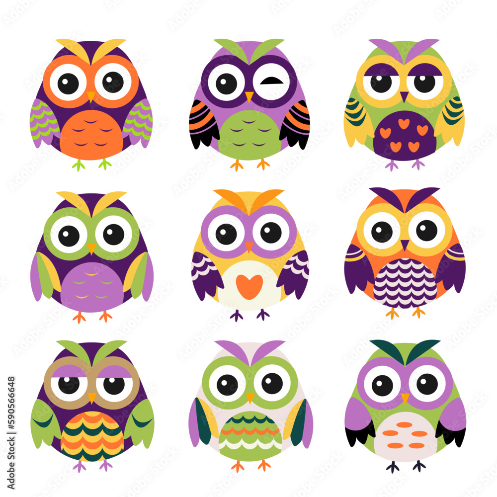 Set of cute bright owls. Owls with different emotions. Vector illustration isolated on white background. Set of cute bright owls. Owls with different emotions. Vector illustration isolated on white background.