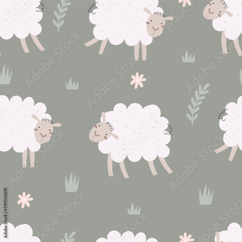 Seamless pattern with cartoon sheep. Colorful vector, flat style. baby design for fabric, print, textile, wrapper.