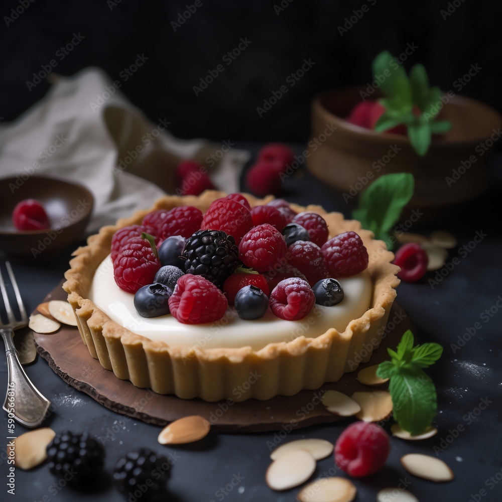 Whipped panna cotta tart with almond crust - generative AI Whipped panna cotta tart with almond crust - generative AI