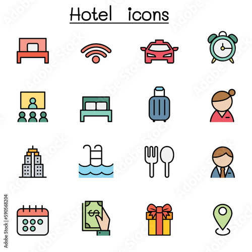 Hotel color line icon set