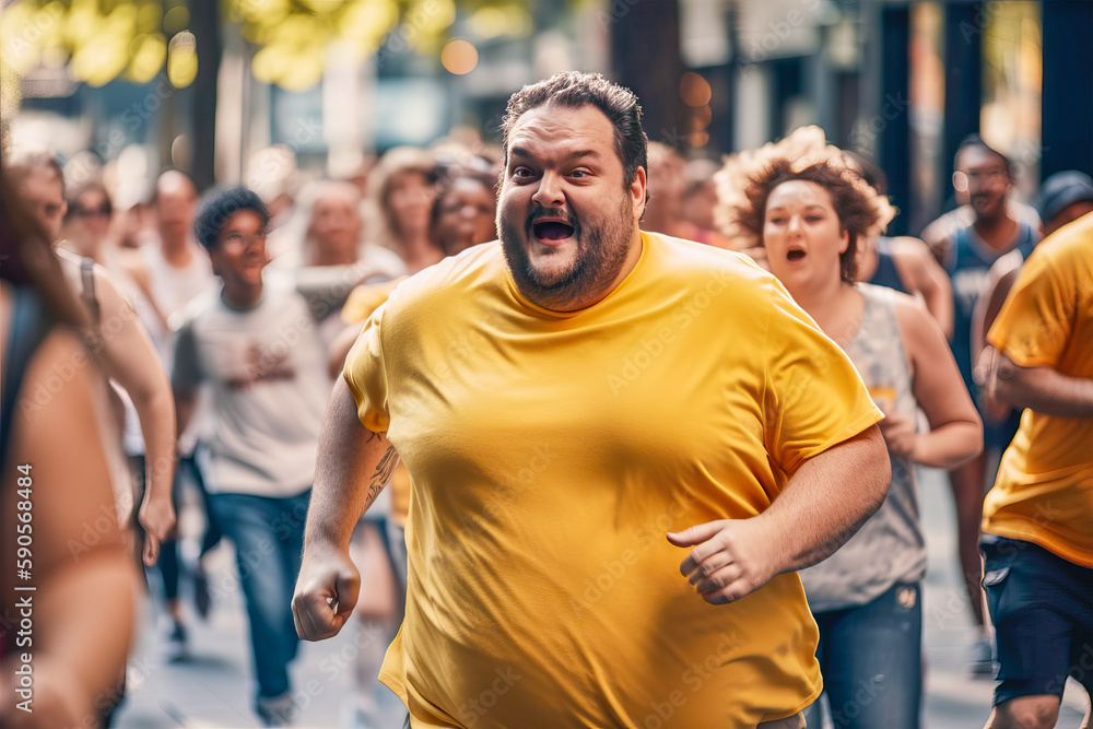 Purposefulness, motivation and achievement of goals. Fat men run a marathon. An overweight man takes part in a running competition. generative ai. Motivation to play sports, you can.