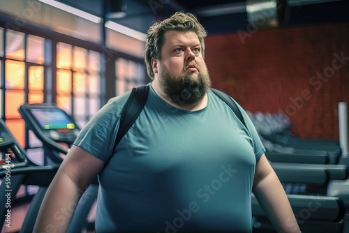 A fat man in a blue t-shirt is exercising in the fitness room. Portrait of a very fat man in the fitness room. copy space. Motivation to go in for sports, determination, you can do it. Generative AI