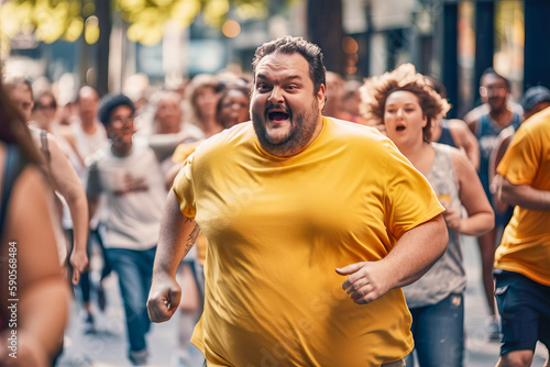 Purposefulness, motivation and achievement of goals. Fat men run a marathon. An overweight man takes part in a running competition. generative ai. Motivation to play sports, you can.
