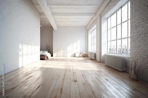 an Empty Room with White Walls and Wooden Floors. Generative AI