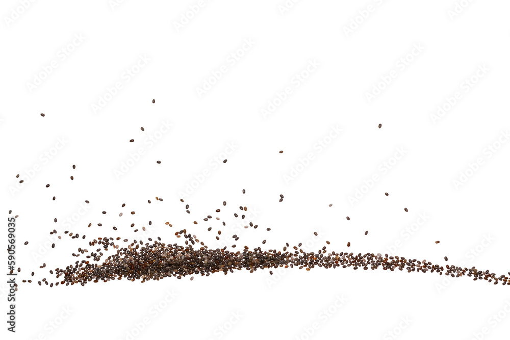 Chia seeds fall on white background Chia seeds fall on white background