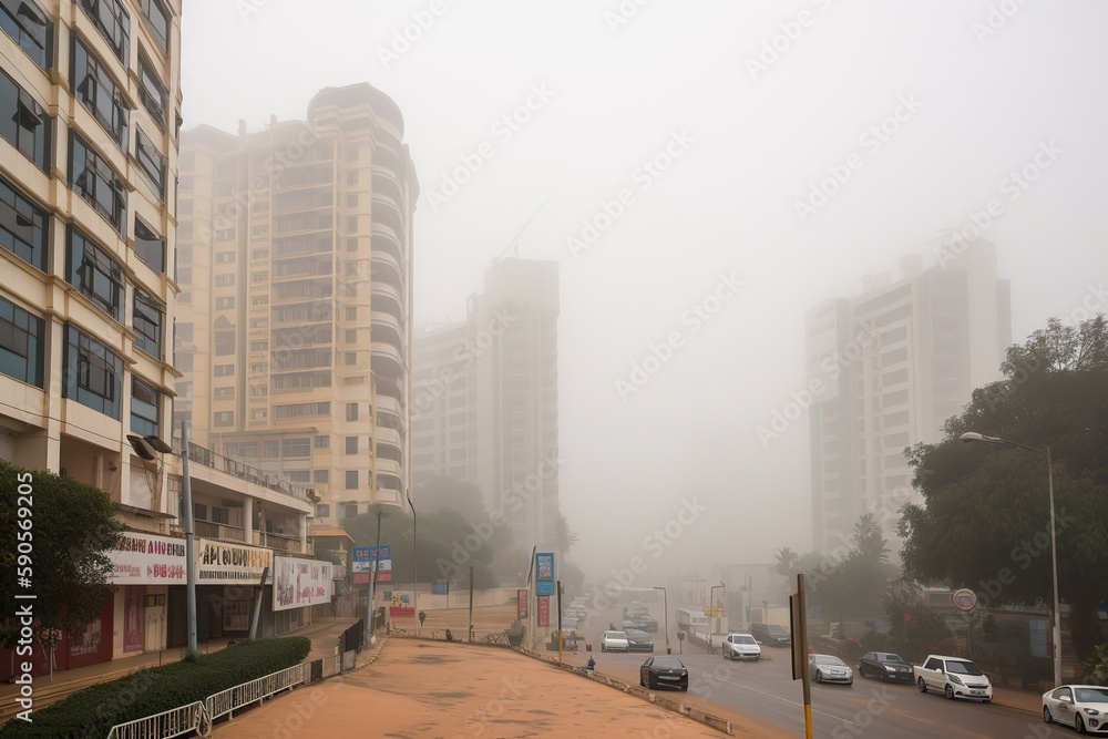 Fototapeta premium Bangalore India centrum city in fog , generative artificial intelligence