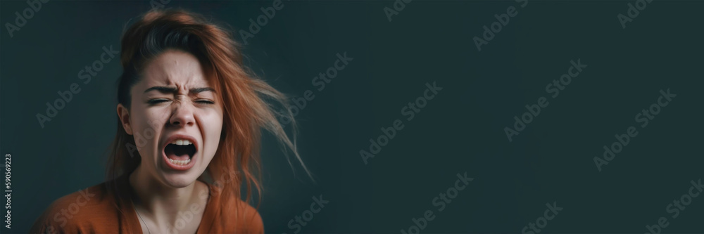 Portrait of a screaming girl, banner with space to text. Studio portrait of a screaming girl, emotional facial expression of a woman screaming in anger. Gray background and copy space. Generative AI
