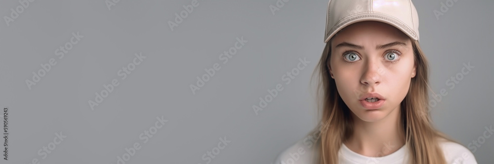 Portrait of a surprised girl, a gray banner with a place to insert text. Studio portrait of a young girl in a baseball cap. Emotional facial expression of a surprised woman. Generative AI Portrait of a surprised girl, a gray banner with a place to insert text. Studio portrait of a young girl in a baseball cap. Emotional facial expression of a surprised woman. Generative AI