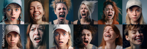 A collage of portraits of women with emotions on their faces. A large set of portraits of screaming, frightened, surprised and laughing women. Emotional facial expression of a woman. Generative AI
