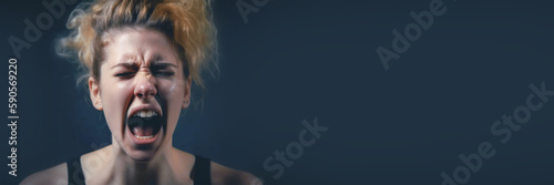 Portrait of a screaming girl, banner with space to text. Studio portrait of a screaming girl, emotional facial expression of a woman screaming in anger. Gray background and copy space. Generative AI