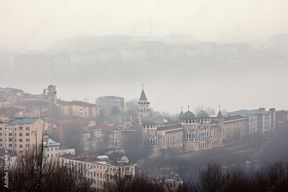 Fototapeta premium Istanbul Turkey centrum city in fog, generative artificial intelligence