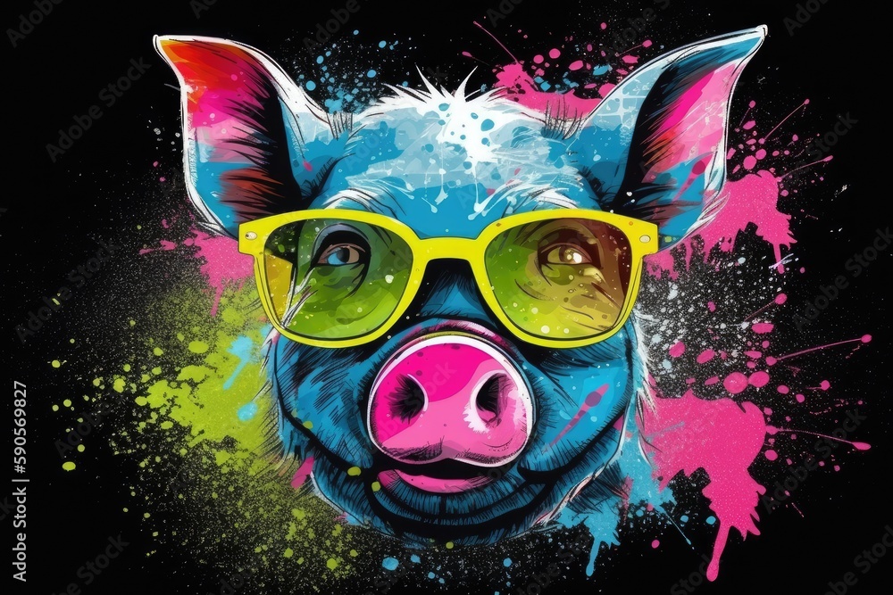 Fototapeta premium pig in sunglasses realistic with paint splatter abstract Generative AI
