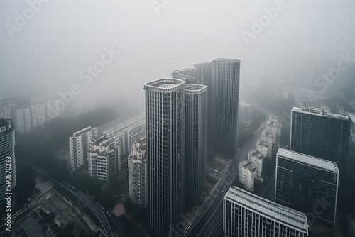 Fototapeta Shenzhen China centrum city in fog, generative artificial intelligence