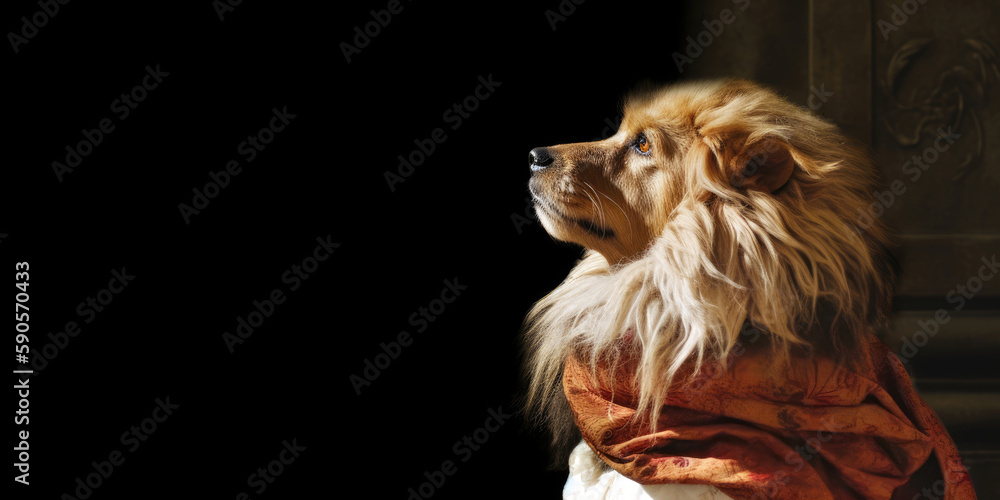 Naklejka premium theatrical lion wearing a ruff and reciting lines, copyspace, room for text (Generative AI)