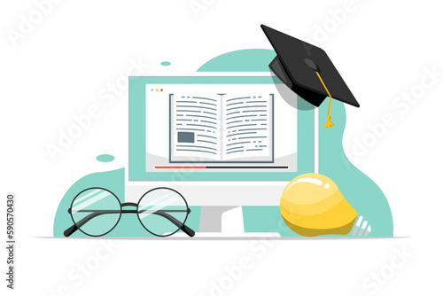 Online education concept, Computer with degree cap, glasses on isolated background, Digital marketing illustration.