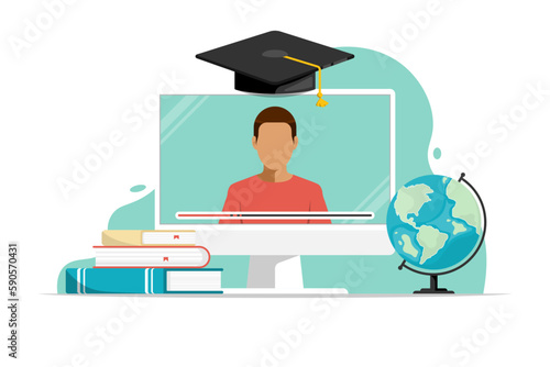 Online education concept, Human on screen computer with degree cap, world map, book on isolated background, Digital marketing illustration.