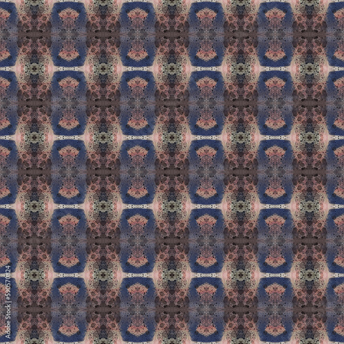 Shibori pattern. Ikat textile. Tie dye print. brown seamless stencil. Moroccan tile. Folk geometric ornament. Japanese shibori pattern. Watercolor batik paint, silk fabric. Ethnic carpet motif