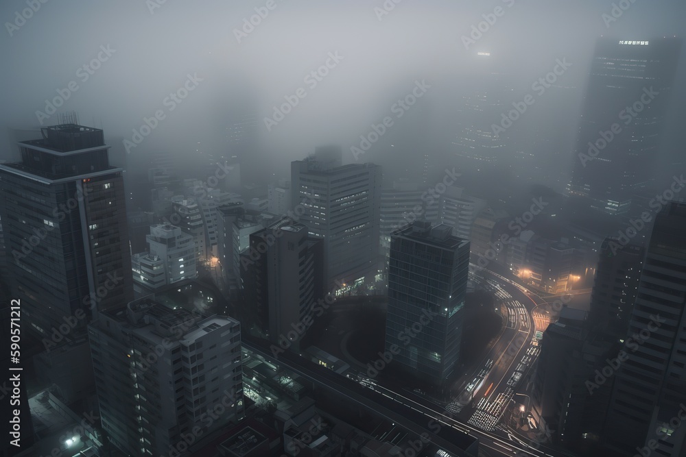 Tokyo Japan centrum city in fog, generative artificial intelligence