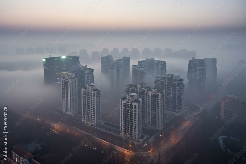 Wuhan China centrum city in fog , generative artificial intelligence