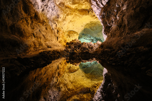 Cueva de los Verdes  Water optical illusion reflection  an amazing lava tube and tourist attraction on Lanzarote  Canary Island  Spain.