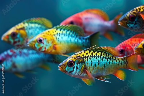 school of colorful fish participating in synchronized swimming, copyspace, room for text (Generative AI) © AstralAngel
