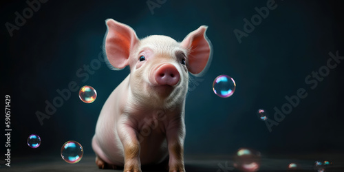 playful piglet with bubbles, copyspace, room for text (Generative AI)