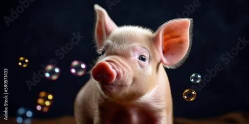playful piglet with bubbles, copyspace, room for text (Generative AI)