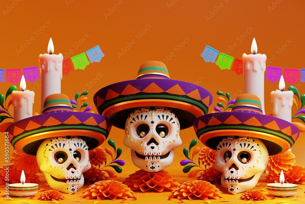 3D rendering for Day of the Dead, Dia de muertos altar concept. Composition of cute sugar skulls, white candles, marigold flowers of the dead. 3d illustration